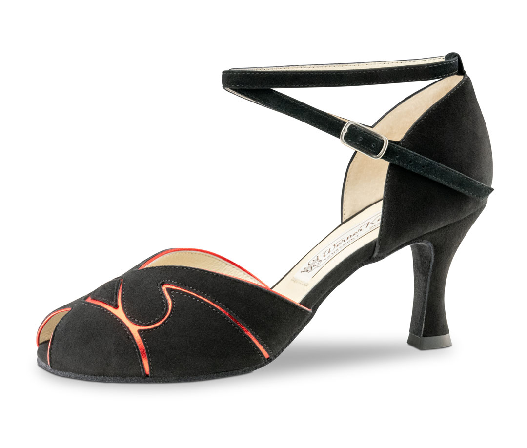 Suede dance sandals with a 6.5 cm flared heel and red leather inlays by Werner Kern