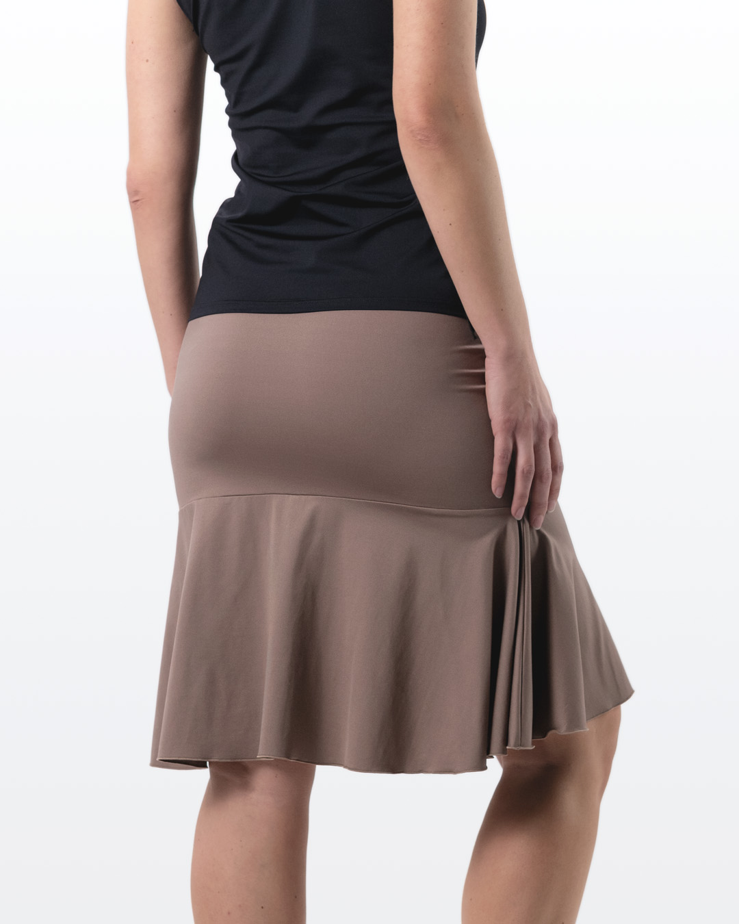 Rear view of knee-length Viva dance skirt in beige