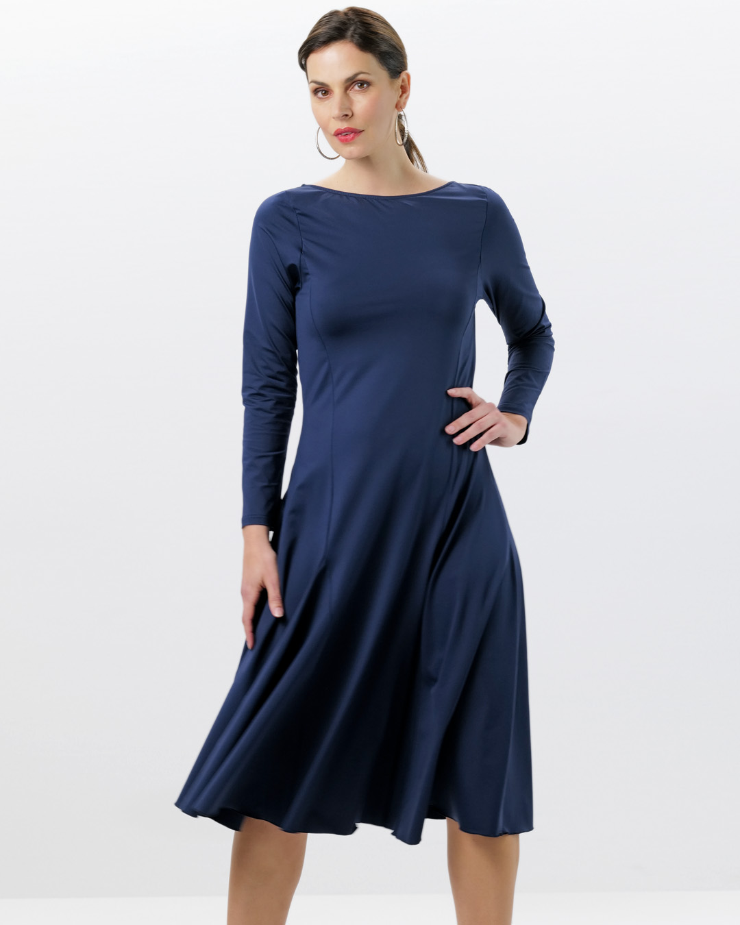 Alya dance dress by Werner Kern, round neckline at the back, smoky blue colour