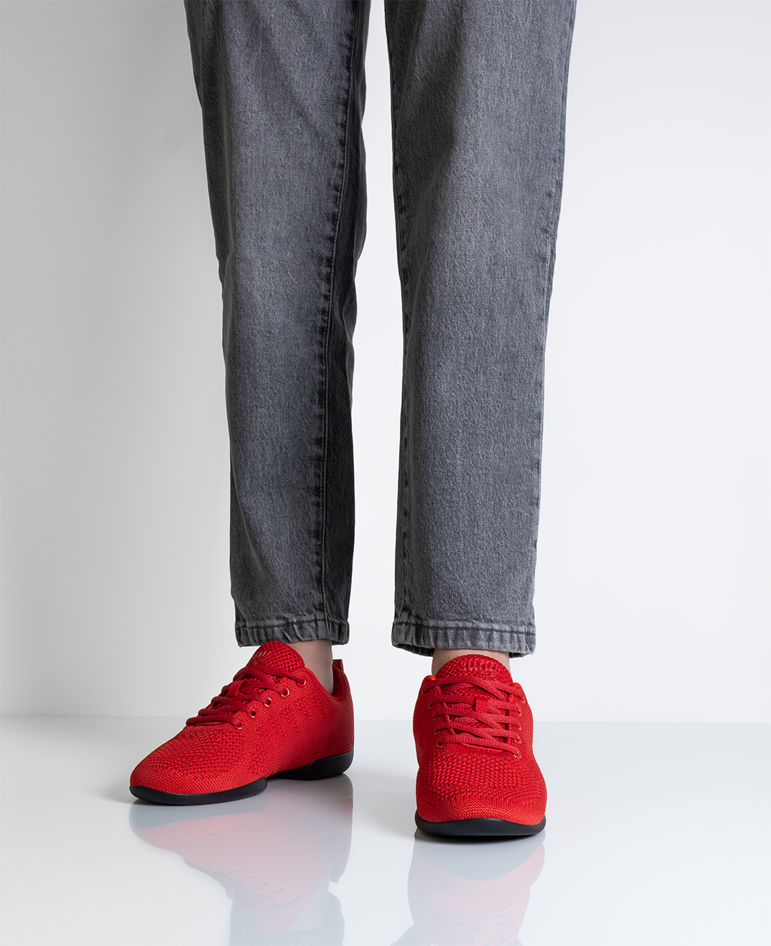 Red dance sneakers with split PU soles for kizomba or jazz dance