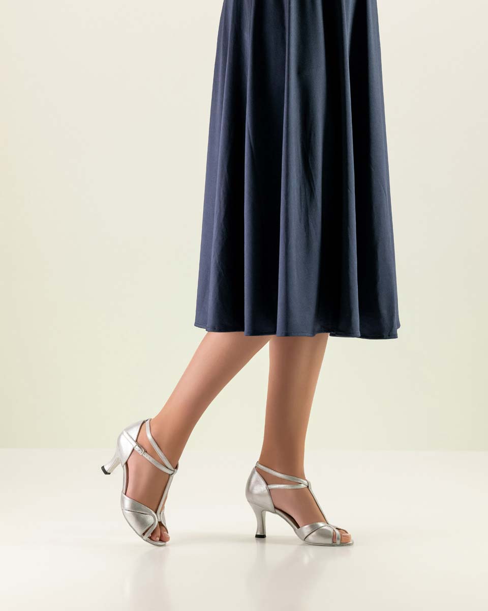 Astrid Werner Kern ladies' dance shoe with ankle strap combined with blue skirt