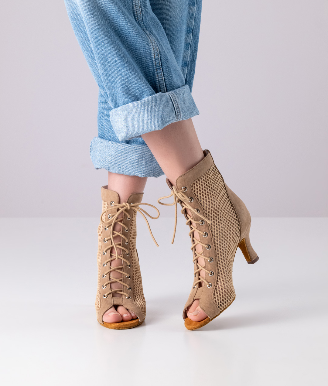 Open dance ankle boot in gorgeous beige suede in mesh look with zip by Anna Kern.