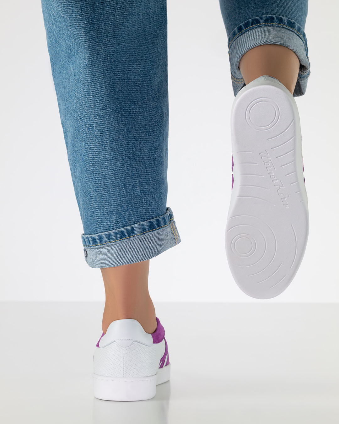 The sole of the Spring dance trainers, viewed from below in white, featuring the Werner Kern logo