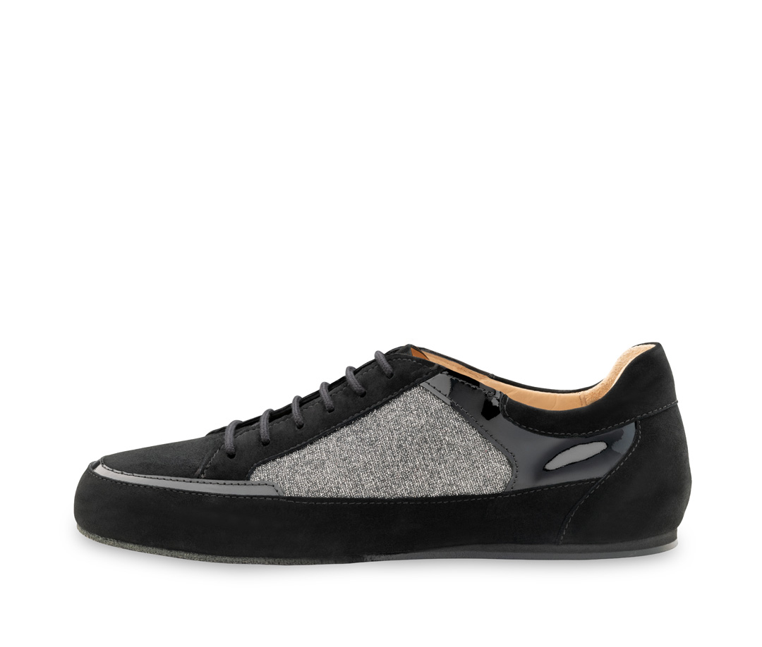 Carol Werner Kern Carol in black velour leather and silver brocade with a lightweight Microsole for Zumba, training, and jazz dance