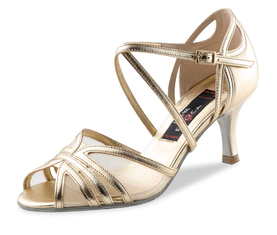 Elegant open toe dance shoe with platinum nappa leather.