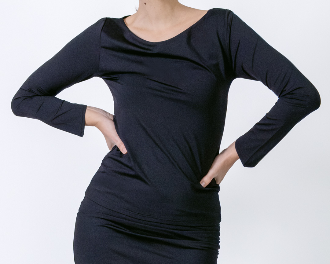 Black, long-sleeved dance top with a slight round neckline by Werner Kern
