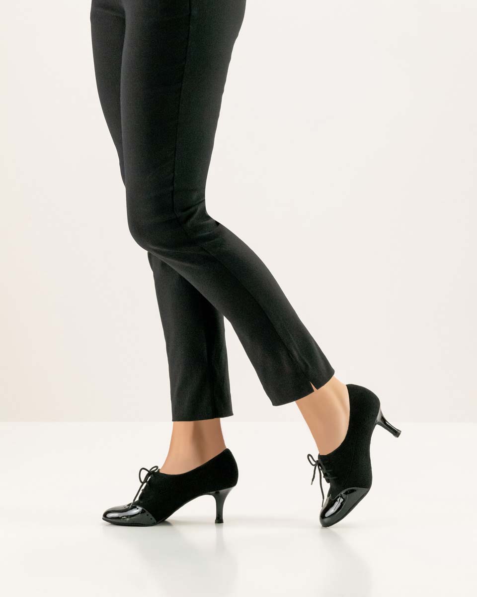 Karen Women's dance shoe by Werner Kern in velvet goat and patent in combination with black trousers