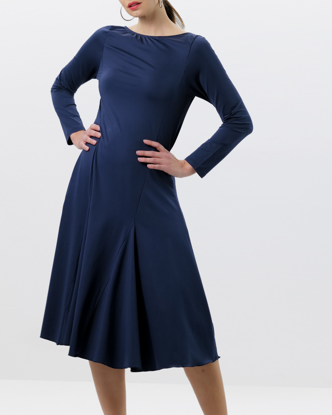 Fitted dance dress with a wide, flowing midi skirt in elegant smoky blue by Werner Kern