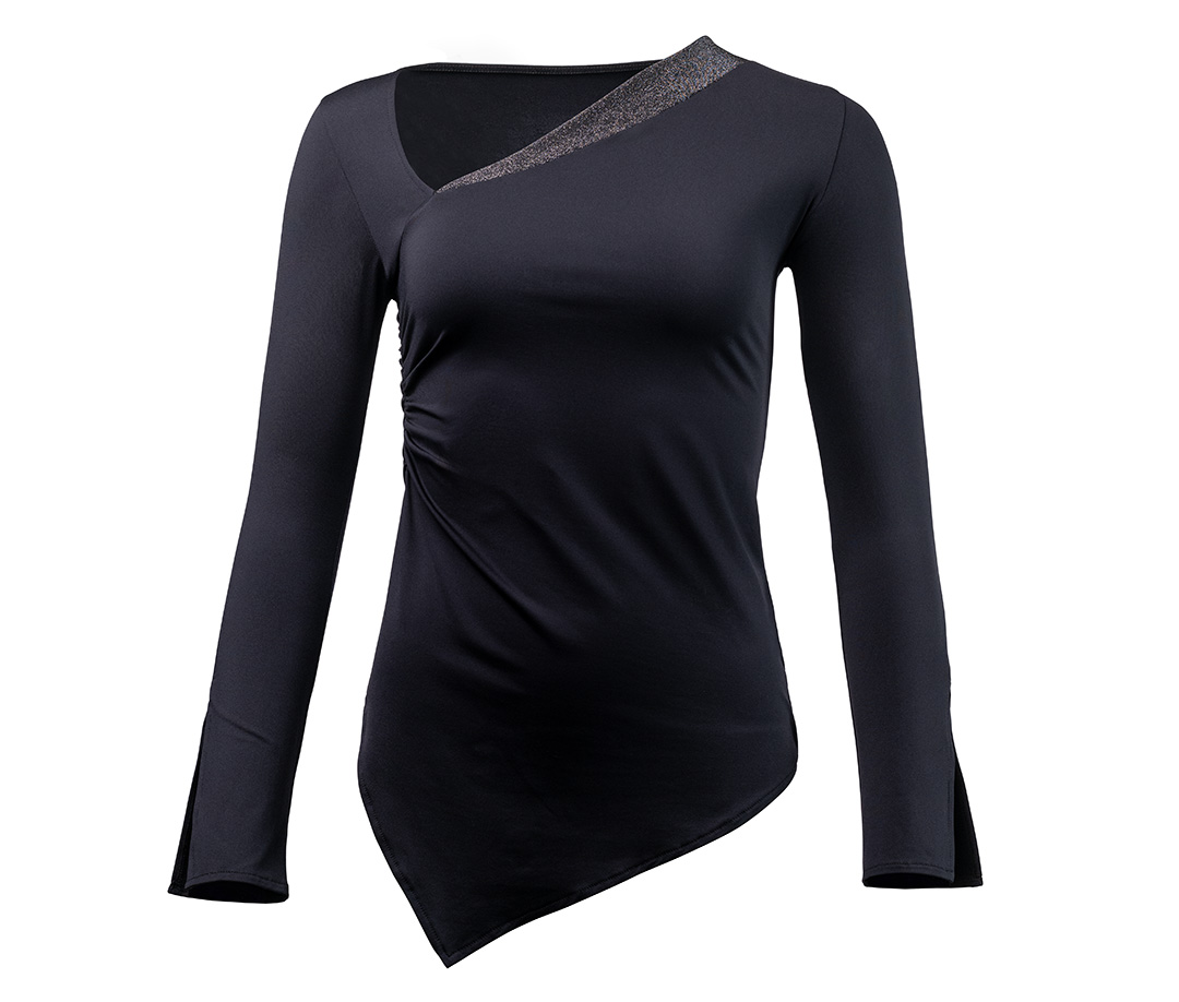 Long-sleeved black dance top with asymmetrical neckline by Werner Kern