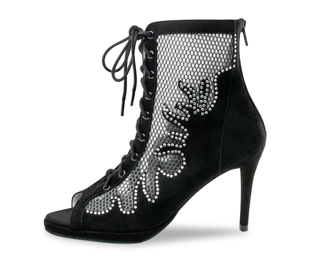 Sidonie Dance boots with an 8 cm slim heel, made of leather and mesh with rhinestone details by Anna Kern