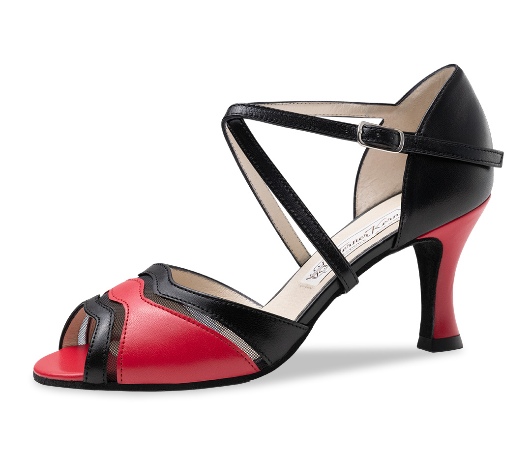 Portia Red and black dance sandals with 6.5 cm flare heel and mesh inserts by Werner Kern