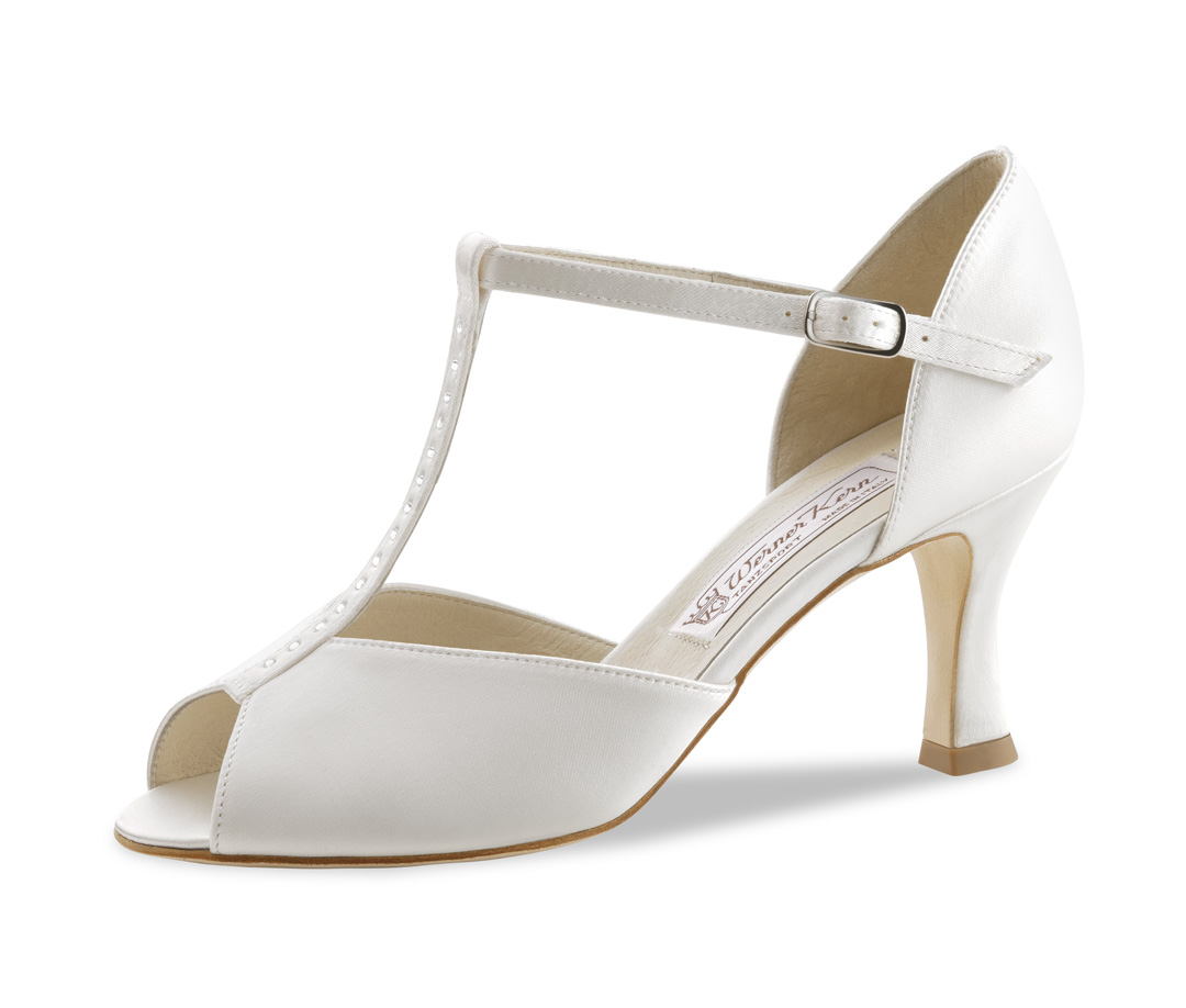 Open-toe bridal dance shoe with leathersole and 6.5 cm heel in white satin with T-strap and rhinestones by Werner Kern.
