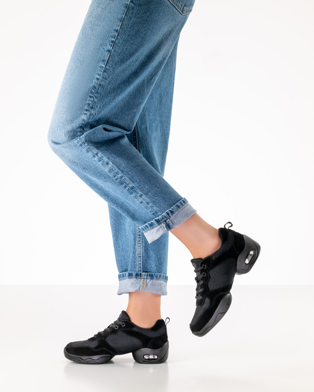 Side view of the black Model 195 dance trainers with a split sole by Werner Kern