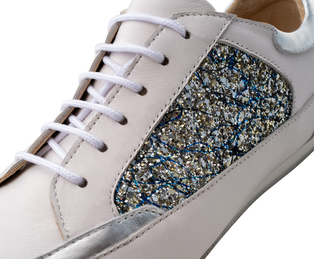 Werner Kern Carol - Sporty dance sneaker in white Nappa leather and blue brocade with Microsole, suitable for lightfooted dance steps and an incredibly lightweight feel