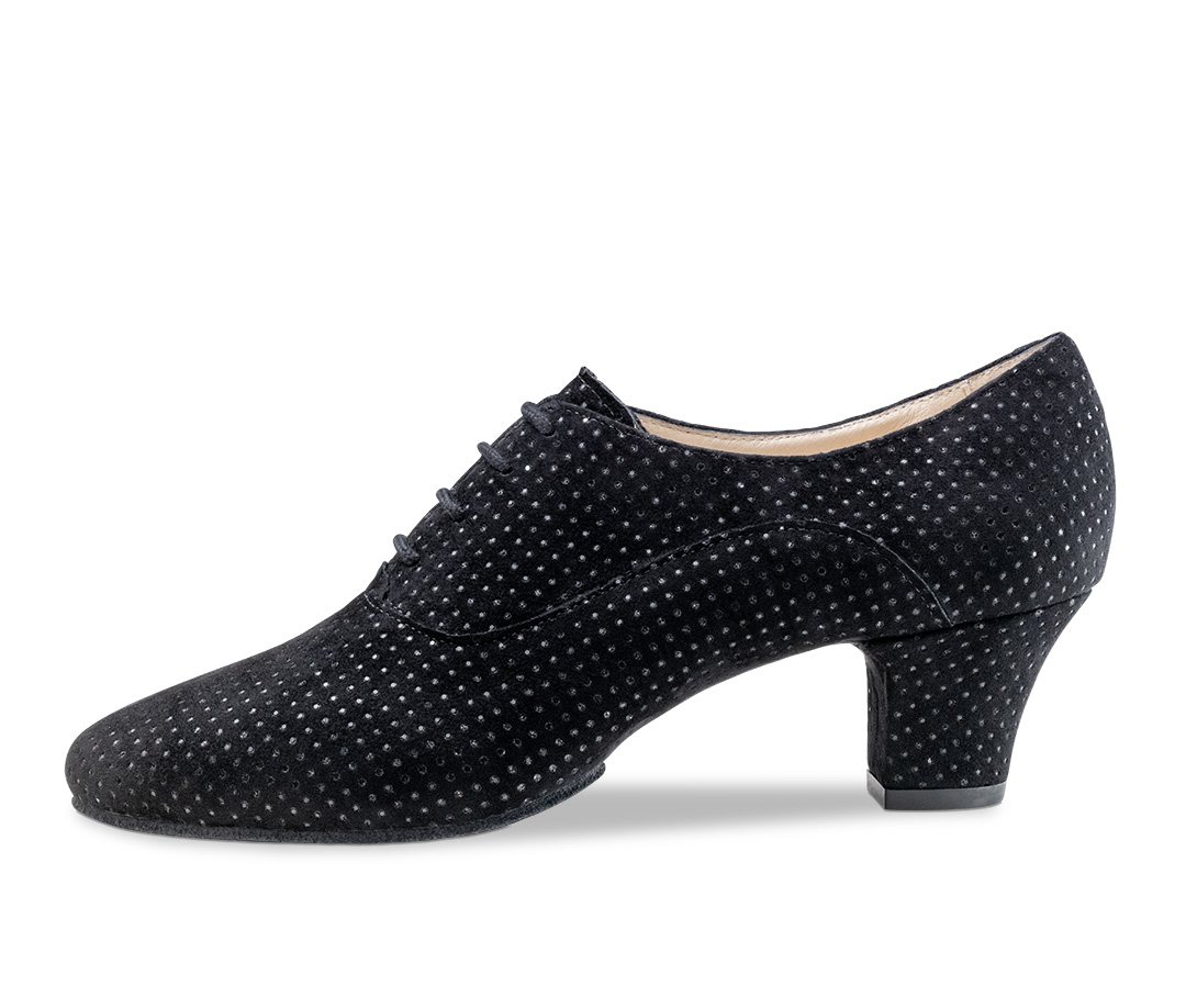 Black brocade training dance shoe with glitter effect and 4.5 cm block heel by Werner Kern