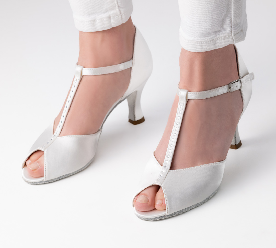 White satin open-toe dance shoe with rhinestones and 6 cm heel by Werner Kern.