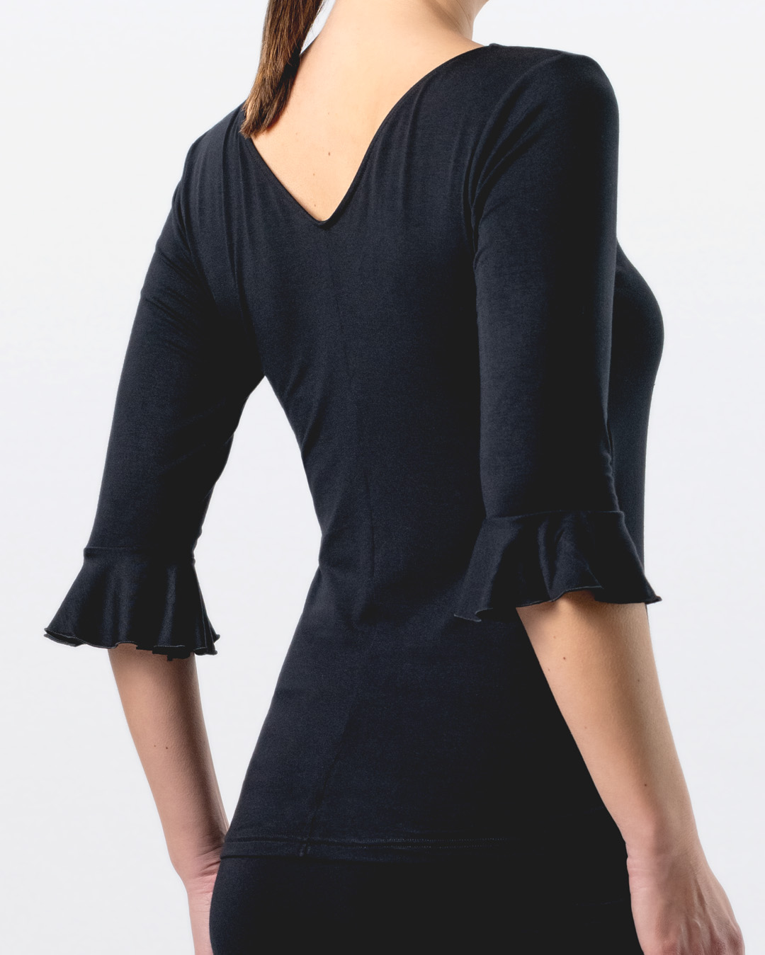 Rear view of Talvi dance top with V-neck at the front and back