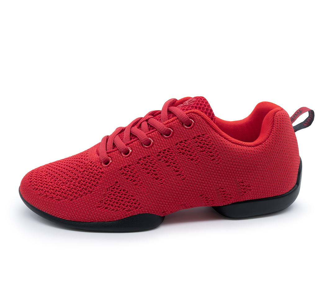 Red dance sneaker with split black sole and laces