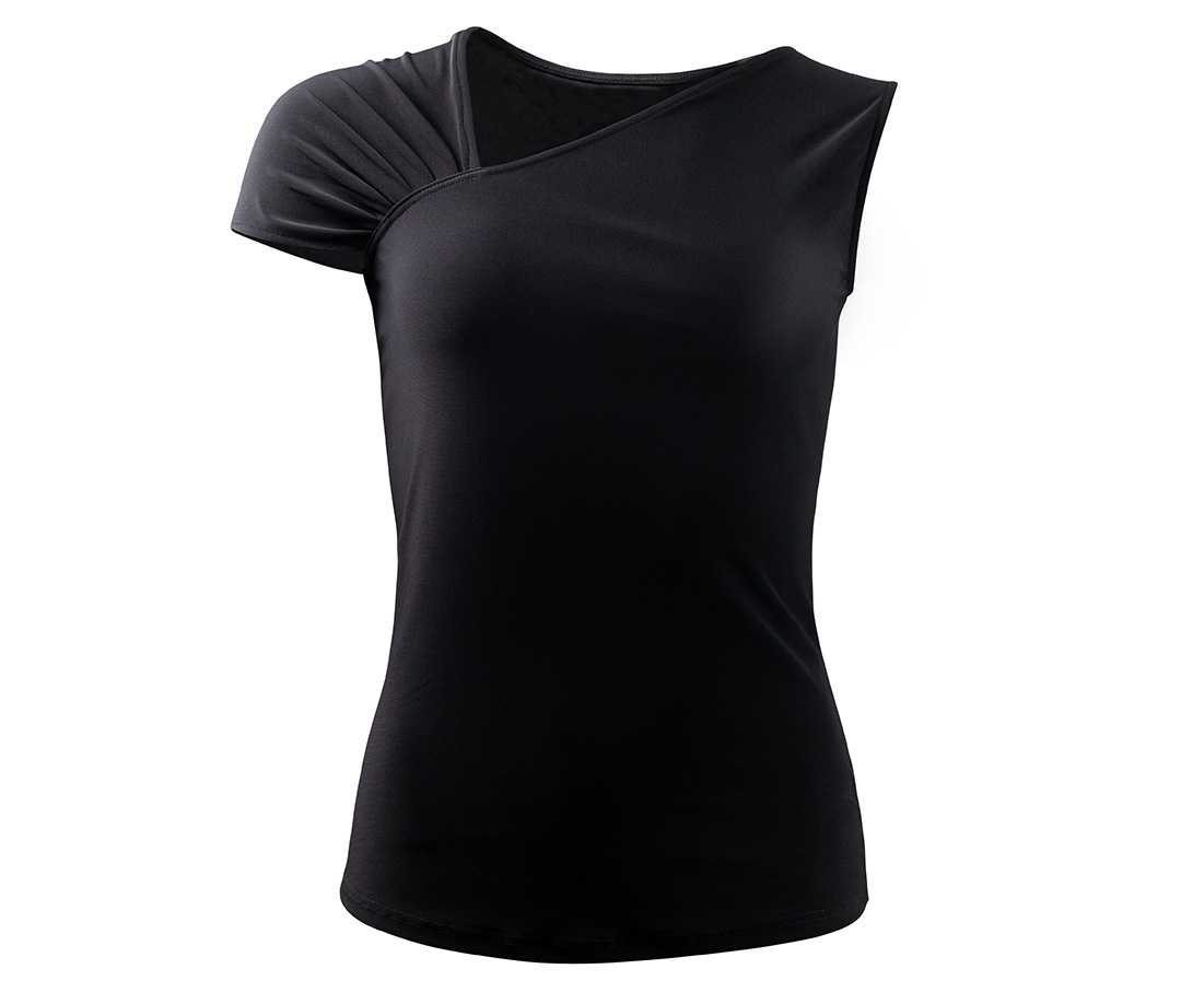 Slim-fit dance top in black with asymmetrical V-neck and different sleeve designs by Werner Kern