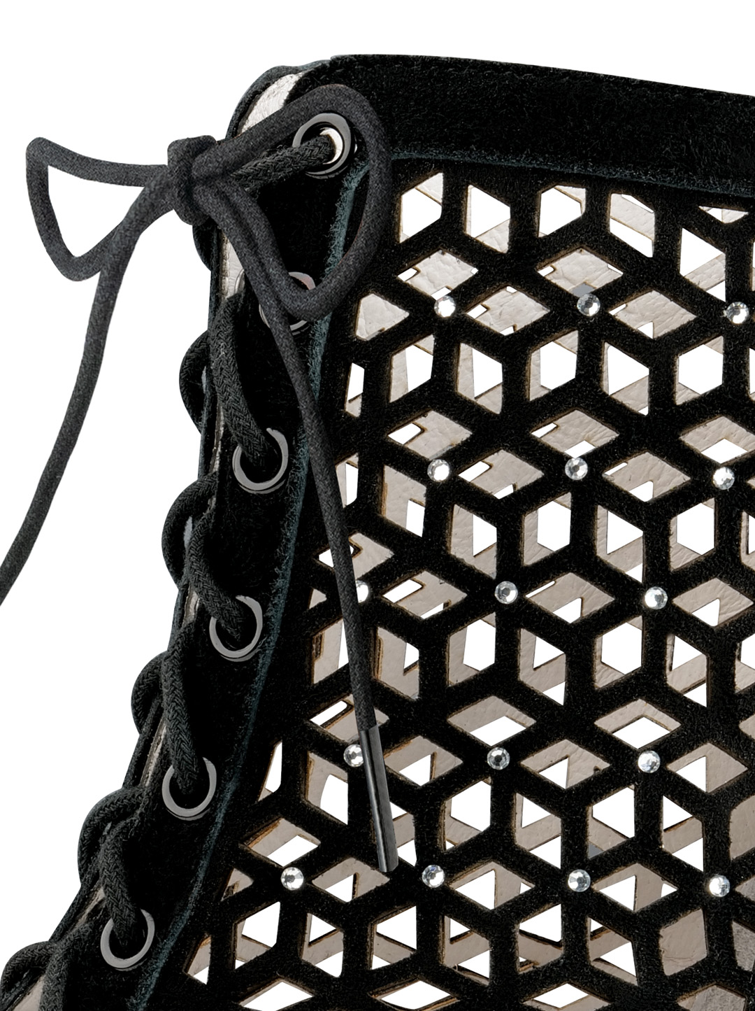 Detail leather cut outs and rhinestones of the open dance ankle boot by Anna Kern.