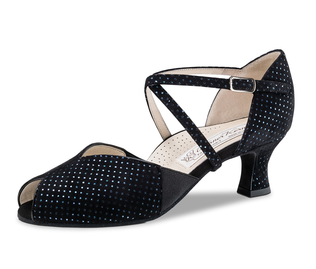 Harriet Dance sandals with 5 cm flare heel, comfortable footbed and elastic inserts by Werner Kern in black with blue glitter details.