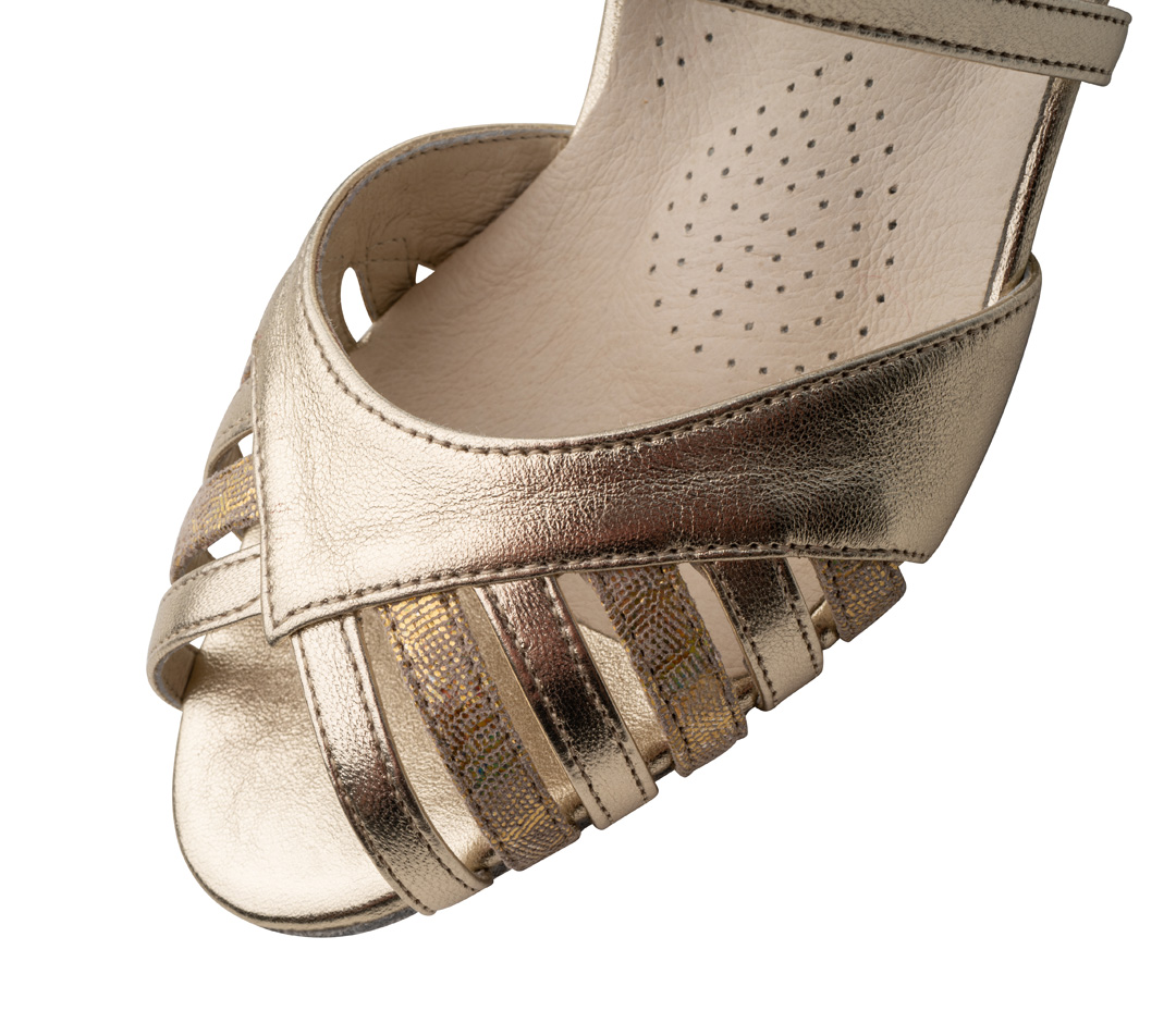 Werner Kern Colleen - Dance shoes in platinum Nappa leather with a glamorous vintage look, fine cut-outs, and comfortable, adjustable cross instep strap