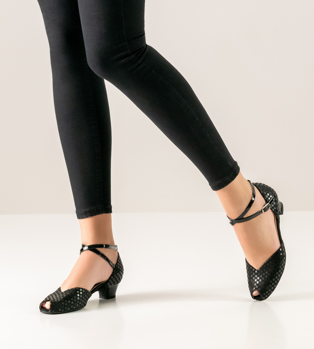 open Werner Kern ladies dance shoe with 3.4 cm heel combined with black trousers