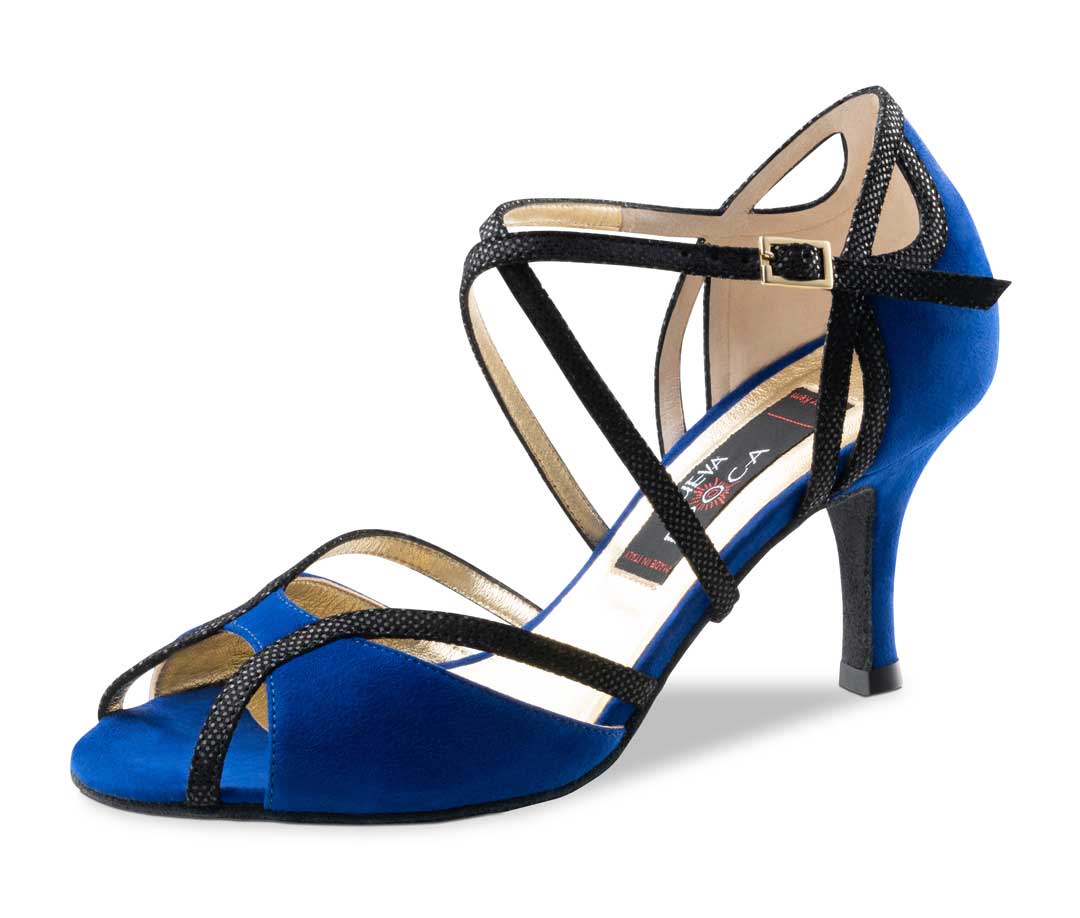 Open dance shoe with blue suede and black details. 