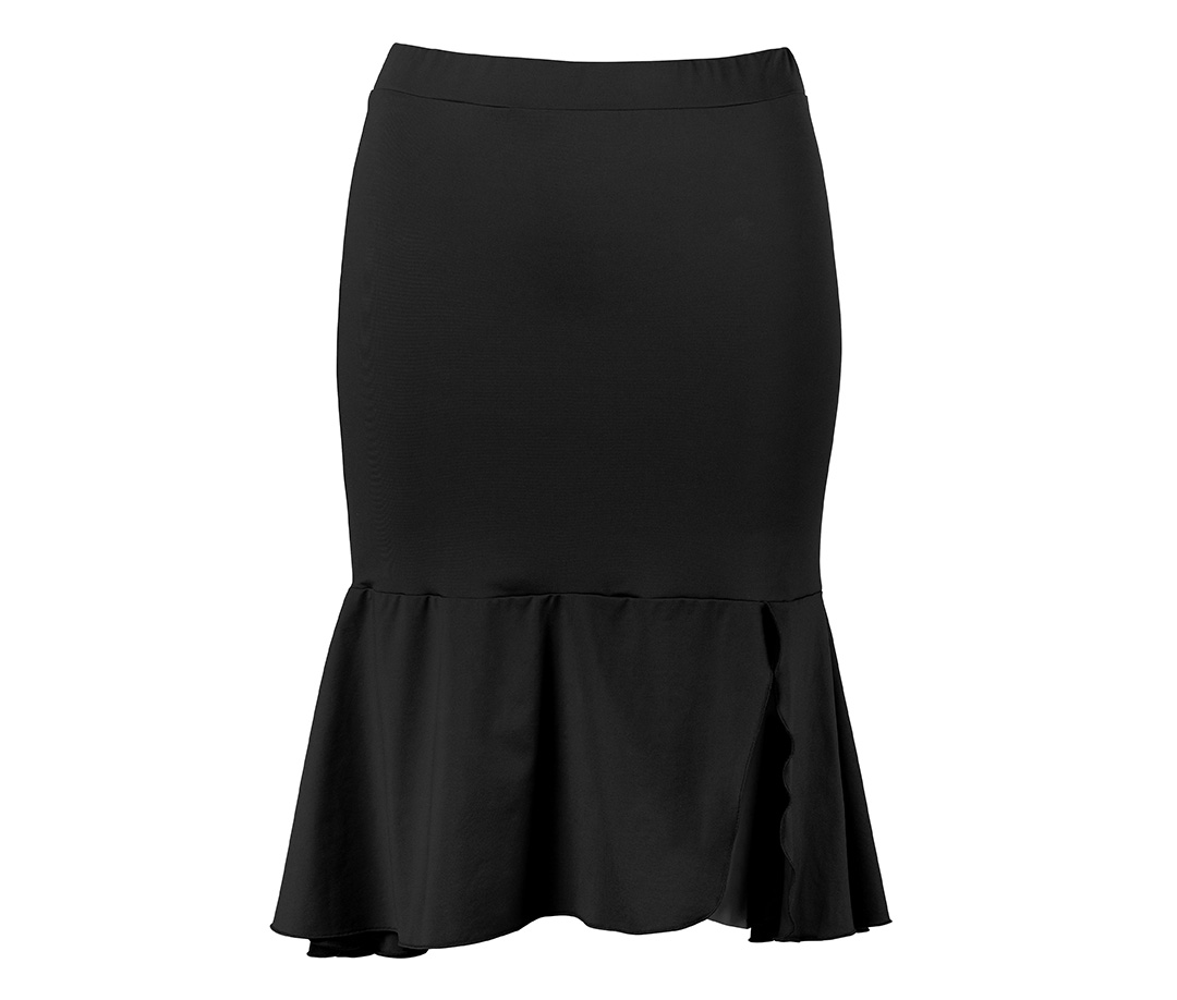Black, knee-length, slim-fit dance skirt with flounce hem and slit by Werner Kern