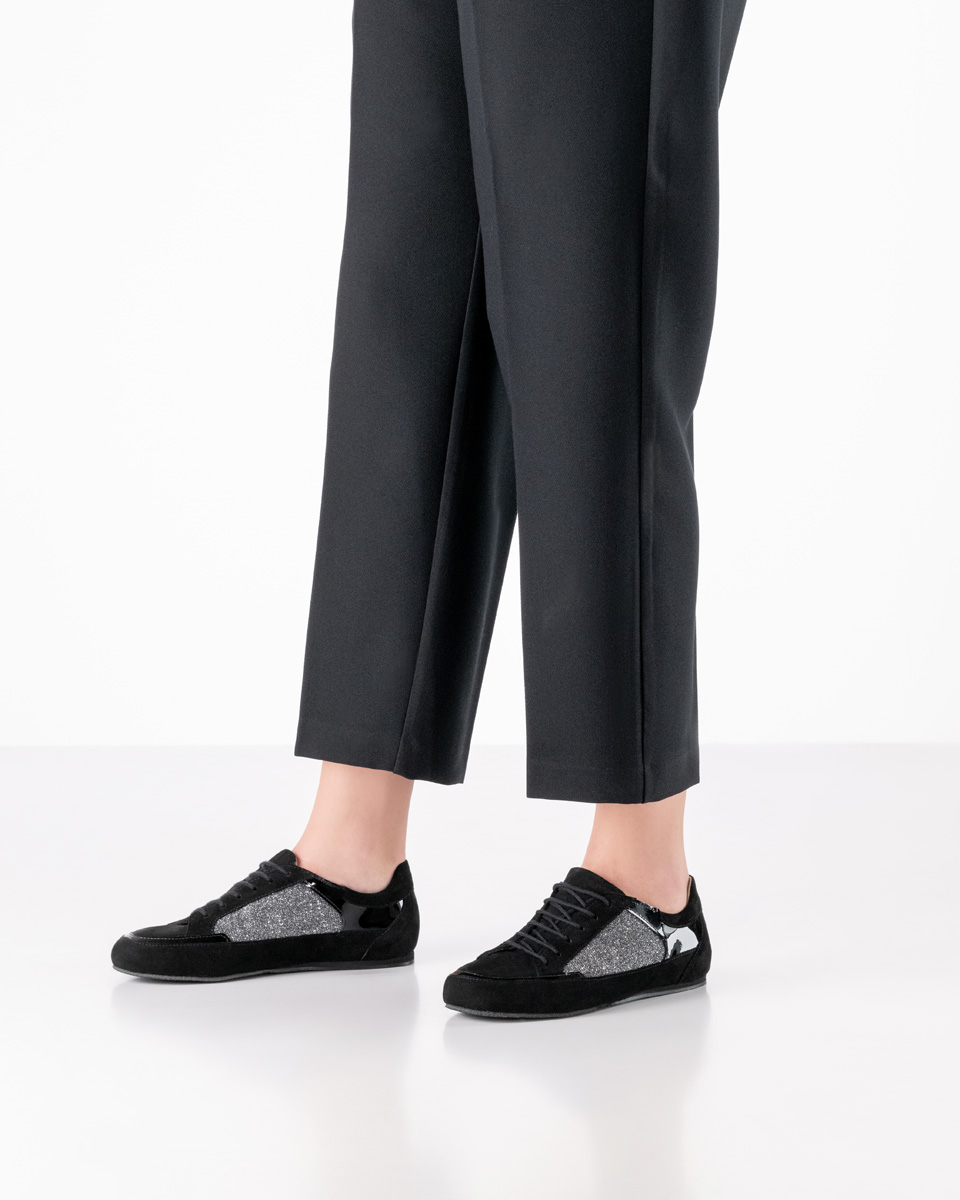 Dance sneaker for the dance floor and beyond - Werner Kern Carol in black velour leather and silver brocade with a thin sole, perfect for Zumba, training, and jazz dance