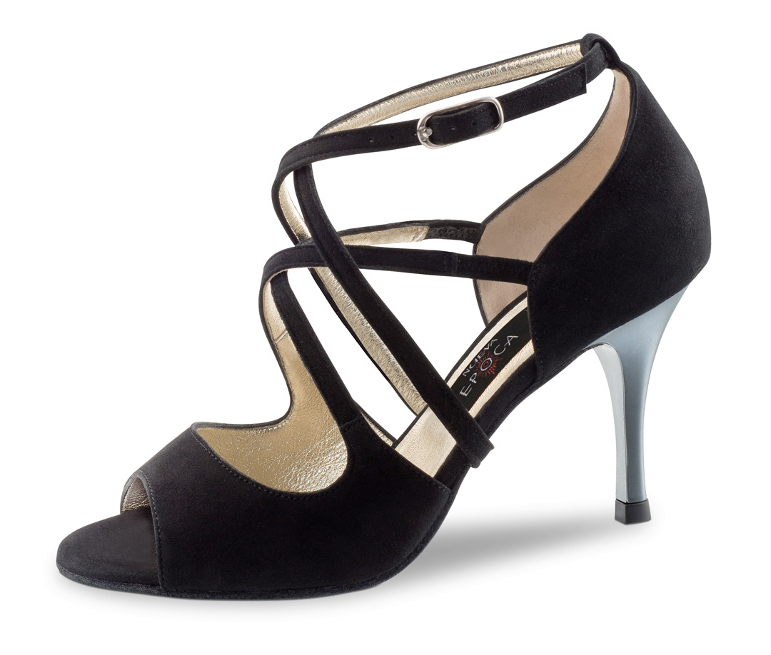 black Nueva Epoca ladies dance shoe with metallic heel