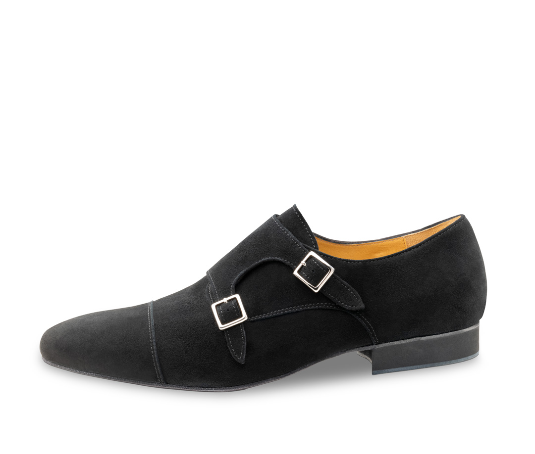 Men's dance shoe Anzio - Werner Kern in black velour leather, classic design with adjustable buckles, glove-soft velour leather, and calfskin lining, fantastically comfortable heel height of 2.0 cm