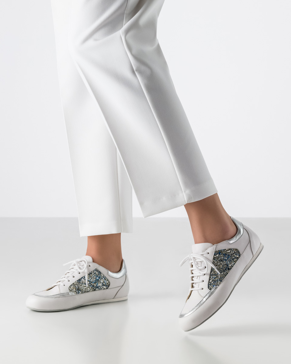 Carol Athletic dance sneaker - Werner Kern Carol in white Nappa leather and blue brocade with a lightweight Microsole for Zumba, training, and jazz dance