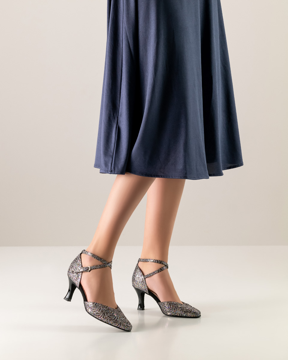 blue dress in combination with Werner Kern ladies dance shoe with ankle strap