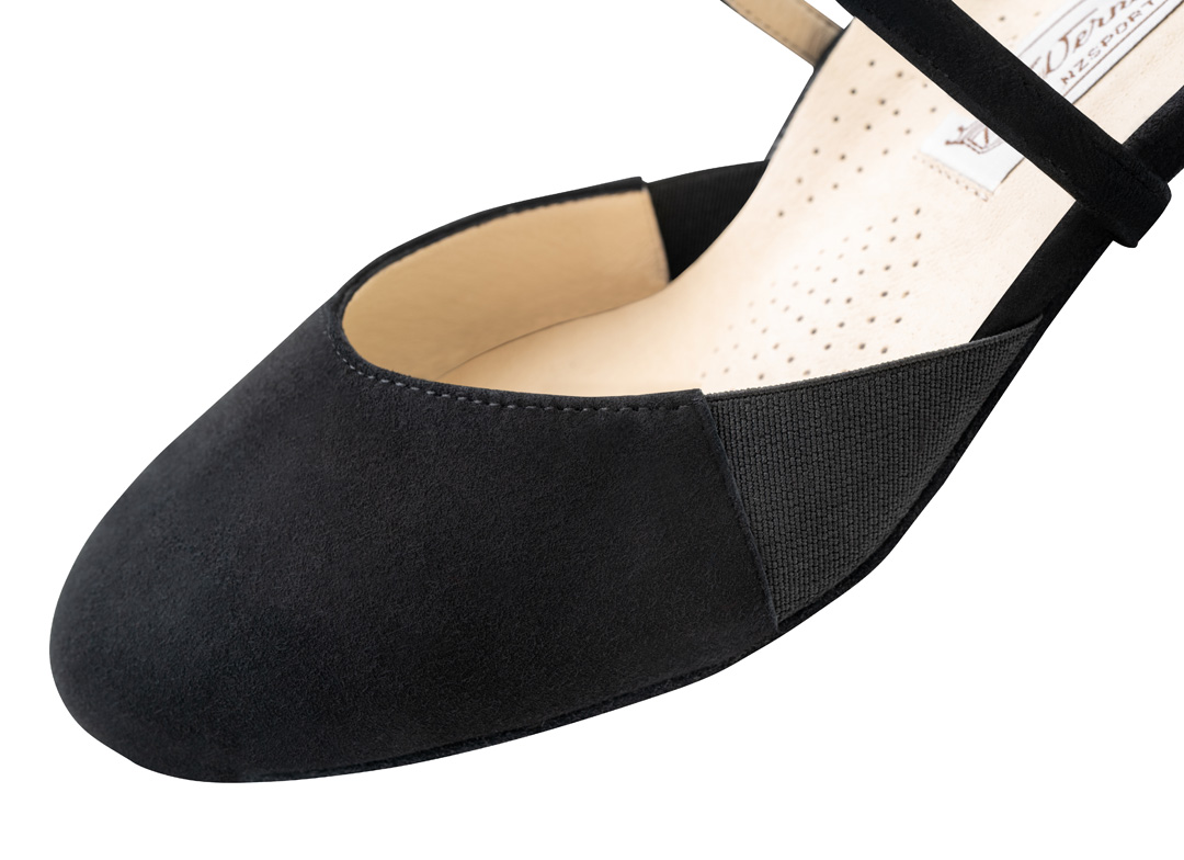 Dance shoe Ronja - Werner Kern in black Velvet Goat leather, classic and incredibly comfortable with individually adjustable cross strap and side elastic, comfortable heel height of 3.4 cm
