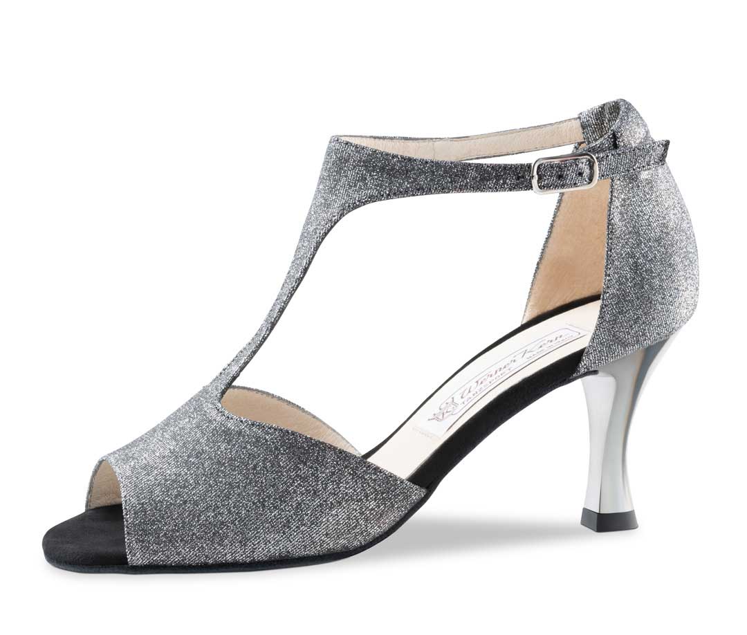 Very elegant dance shoe with silver brocade and silver plated heel.