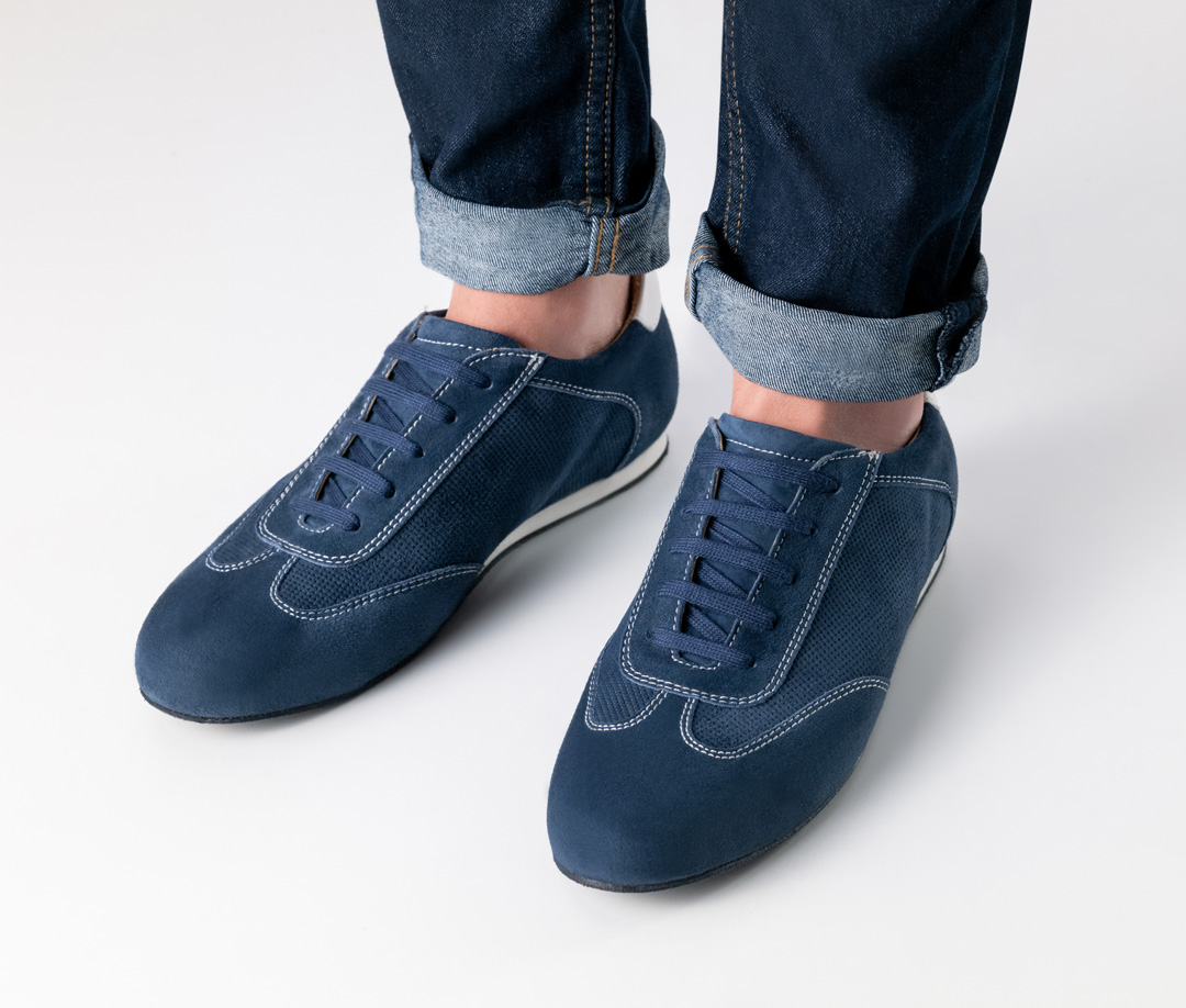 Suede dance shoe in blue with light-coloured topstitching.