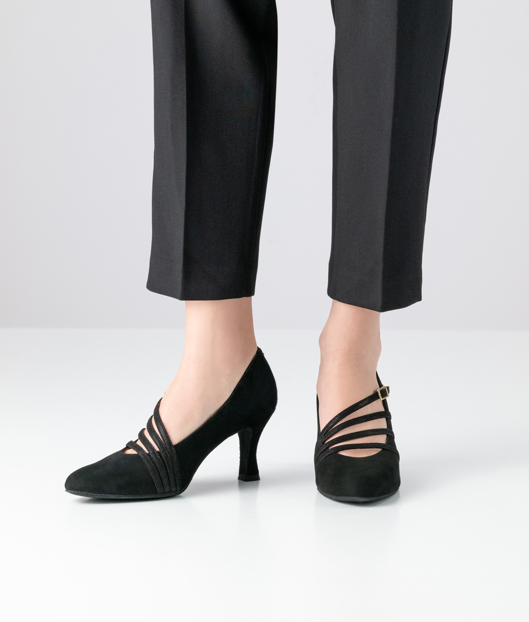 Jackie Black suede closed-toe dance shoe by Werner Kern with a 6.5 cm heel and asymmetrical straps for a particularly elegant look.