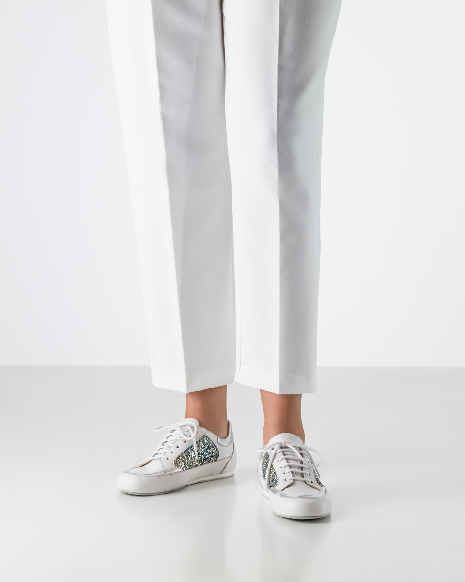 Dance sneaker for the dance floor and beyond - Werner Kern Carol in white Nappa leather and blue brocade with a thin sole, perfect for Zumba, training, and jazz dance