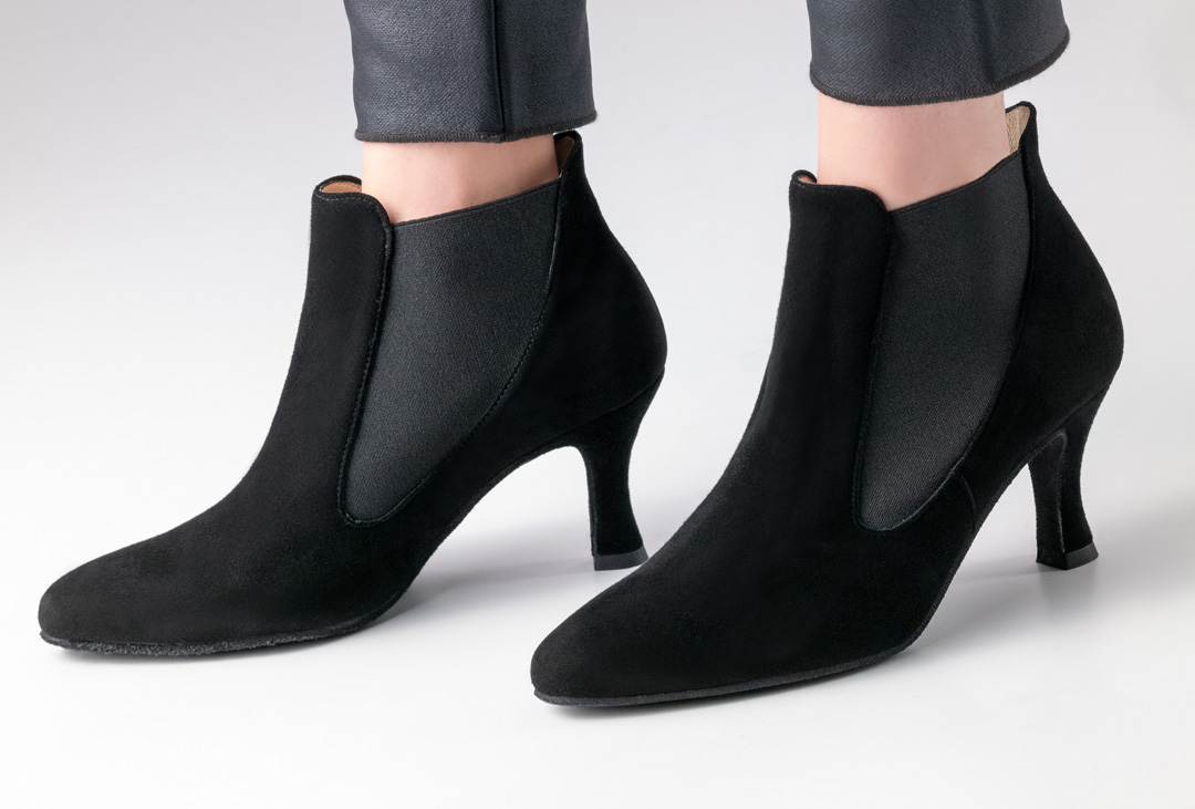 Cosy, black Carina dance ankle boot in soft suede with elasticated inserts and narrow heel