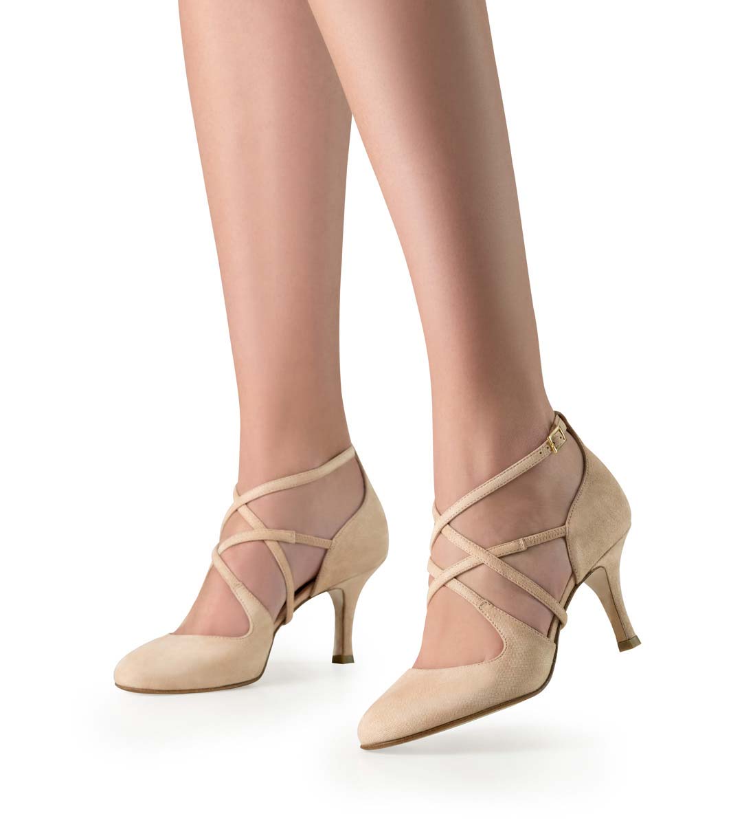 Valeria Bridal shoe in beige glossy suede from Nueva Epoca with cross strap
