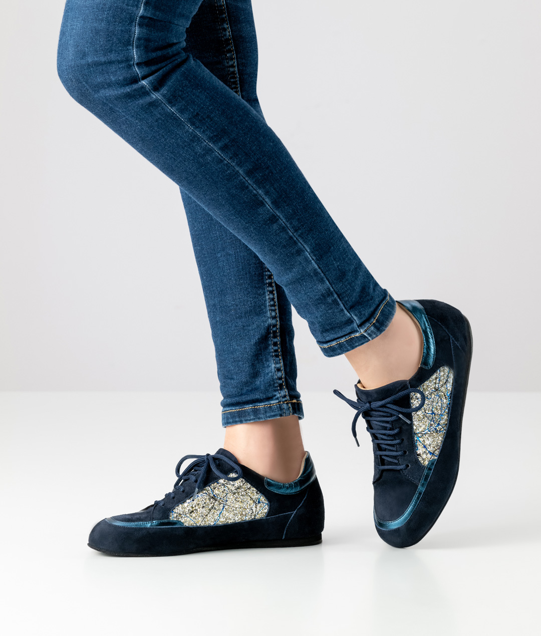 Carol Dark blue suede dance sneaker with brocade inserts and removable insole. Perfect for training.