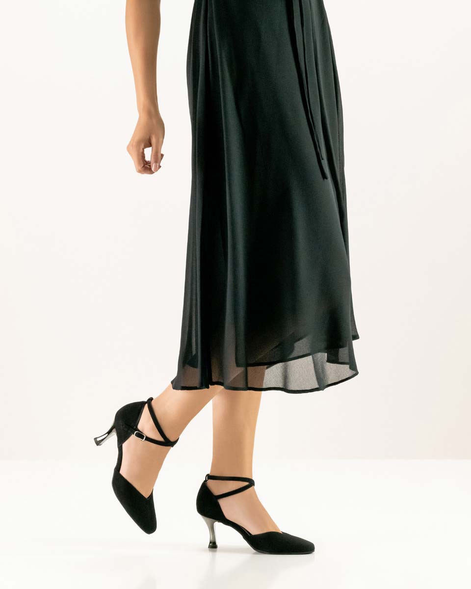 Melodie black suede women's dance shoe by Werner Kern in combination with black trousers