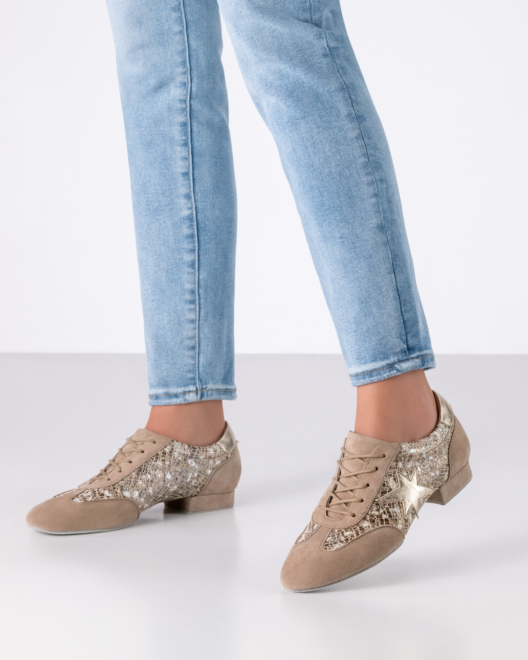 Beige shiny lace-up training dance shoe with split sole by Werner Kern