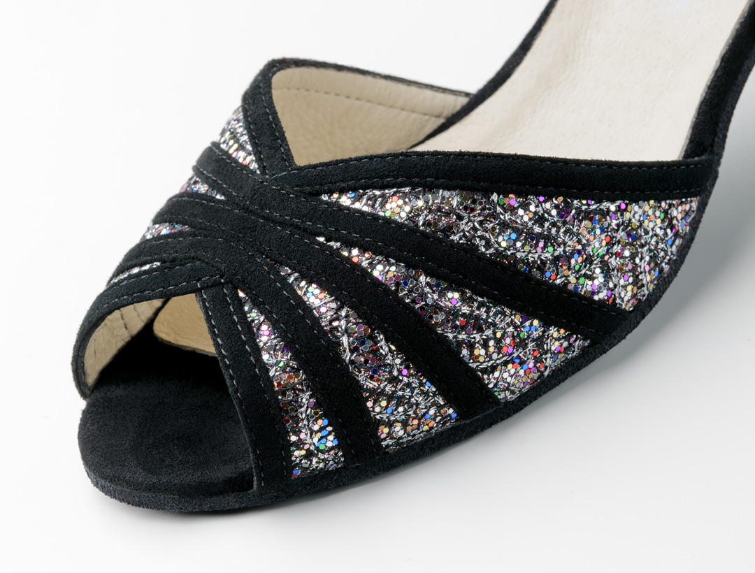 Detailed view of Ellie, an open dance shoe sandal by Werner Kern made of soft, supple suede and elegant silver brocade.