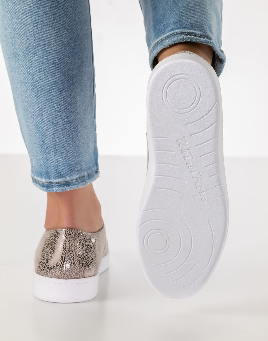 White PU sole of the Whitney dance shoe, viewed from below, featuring the Werner Kern logo lettering