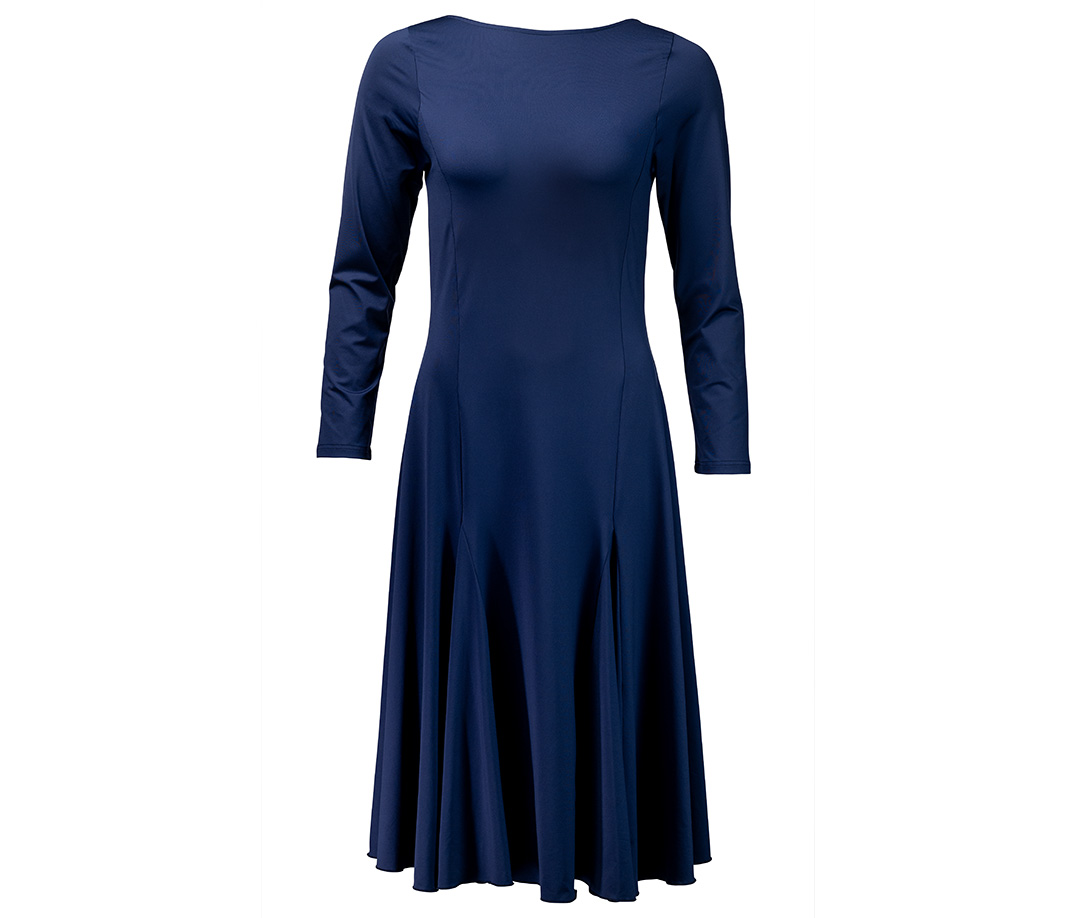 Fitted dance dress with a wide, flowing midi skirt in elegant smoky blue by Werner Kern