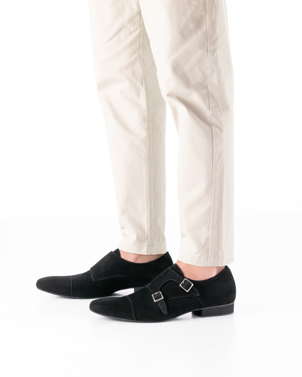Werner Kern Anzio - Men's dance shoes in black velour leather, classic design with adjustable buckles, glove-soft velour leather, and calfskin lining, fantastically comfortable heel height of 2.0 cm
