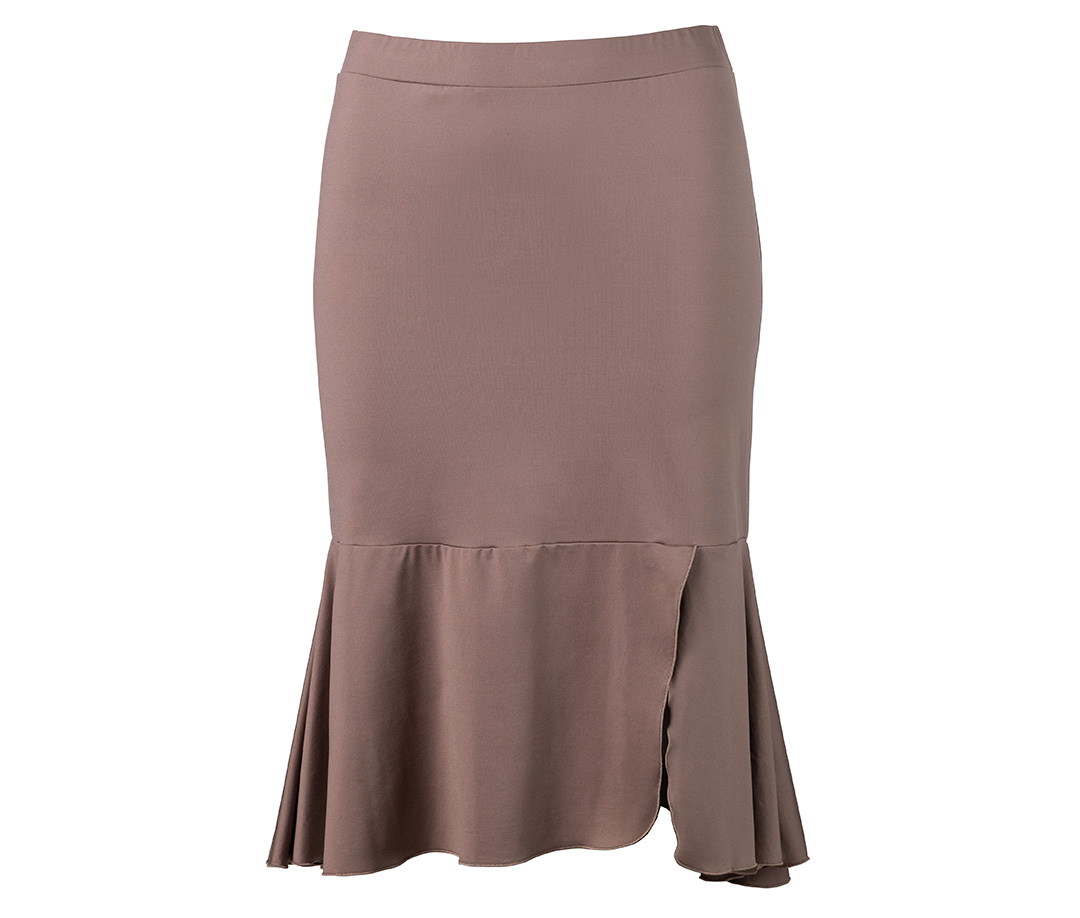 Beige, knee-length, slim-fit dance skirt with flounces and slit by Werner Kern