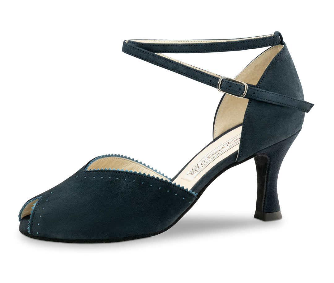 Blue dance sandals by Werner Kern with black detailing and a 6.5 cm flared heel
